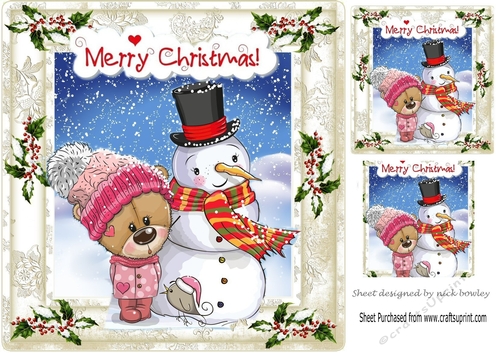 Snowman and bear in the snow 8x8