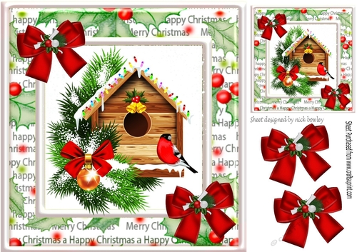 pretty bird house with snow in holly/berry frame with bows 8x8