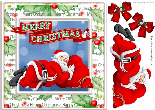 Santa having a snooze, in holl/berry frame with bows 8x8