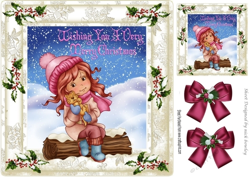 cuddles with my kitty with pink  bows in  holly snow & berries 8x8