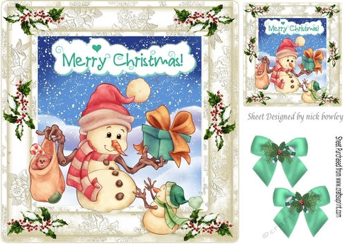 snowman with pressies with turq  bows in  holly snow & berries 8x8