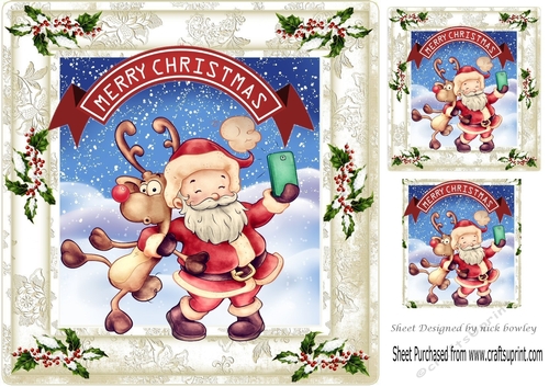 Santa and reindeer taking a selfie  in the snow 8x8