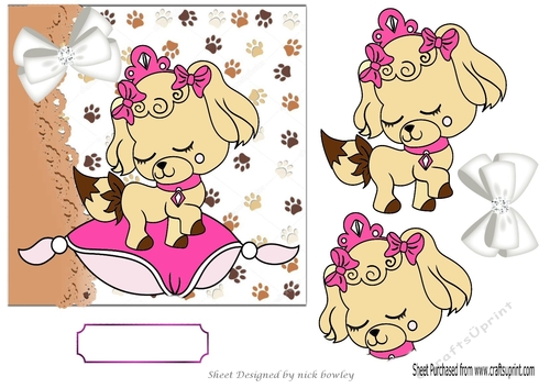 Princess puppy sitting on cushion with white diamamante bow 7x7