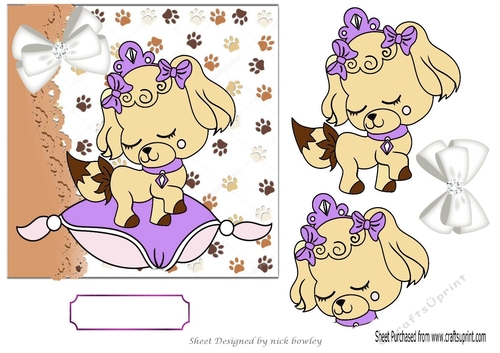 Princess puppy sitting on a purple cushion with white diamante bow 7x7