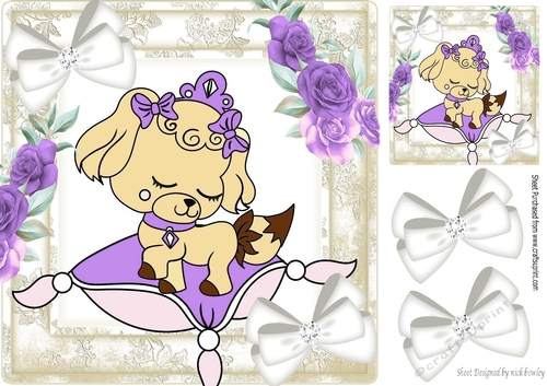 Princess puppy sitting on a purple cushion with roses 8x8