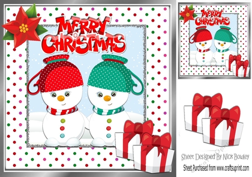 Cute pair of teacup snowmen in dotty frame 8x8