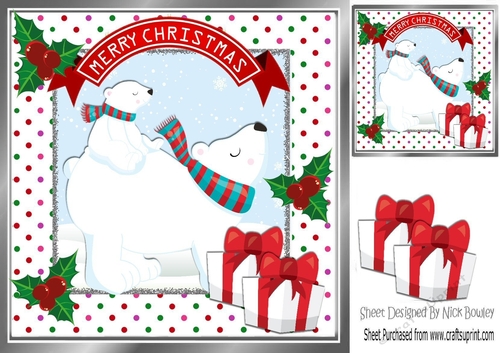 playful polar bears with holly in dotty frame 8x8