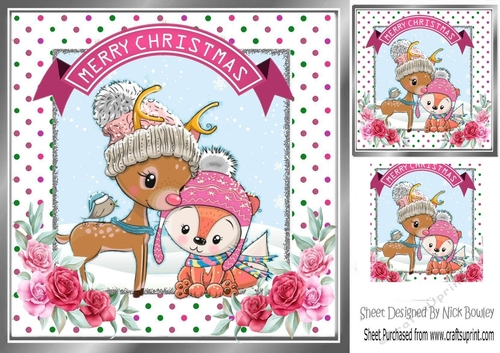 Cut deer with fox in winter hats in  a dotty frame with roses 8x8