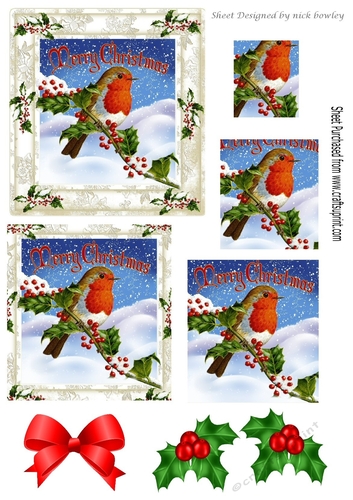 A Lovely robin on a branch with snow and berries square pyramids