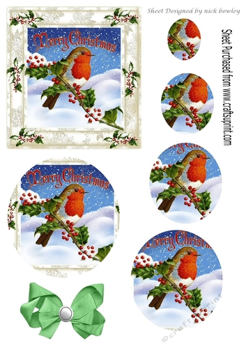 A Lovely robin on a branch with snow and berries oval pyramids