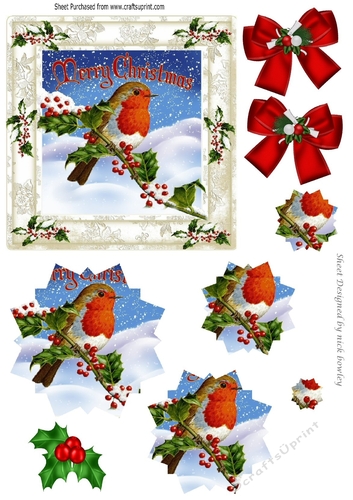 A Lovely robin on a branch with snow and berries snow flake pyramids