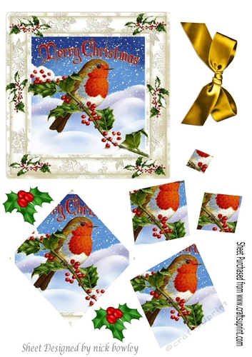 A Lovely robin on a branch with snow and berries twisted pyramids