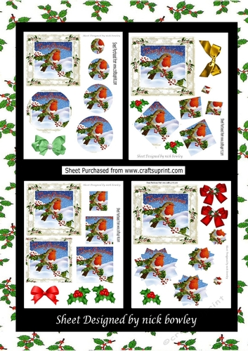  4 Lovely robins on a branch with snow and berries pyramids mini kit