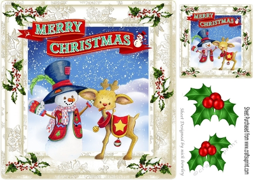 Whimsical snowman with reindeer in holly/berry 8x8 frame