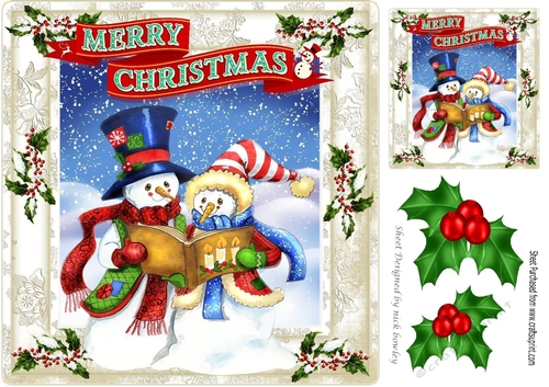 Whimsical carol singing snowmen in holly/berry 8x8 frame