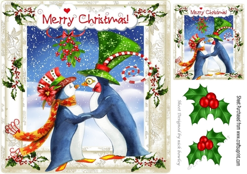 Whimsical kissing penguins under the misletoe in holly/berry 8x8 frame