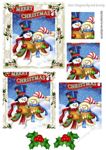 Whimsical carol singing snowmen in holly/berry square pyramids