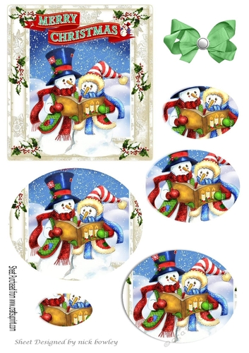 Whimsical carol singing snowmen in holly/berry oval pyramids