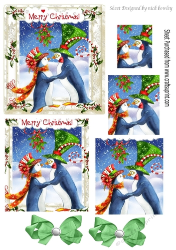 Whimsical kissing penguins in holly/berry square pyramids