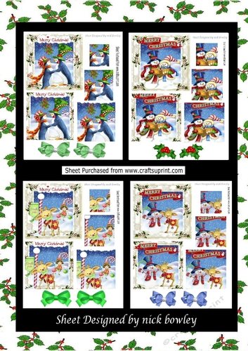  4 Whimsical christmas designs in holly/berry square pyramids mini kit