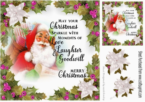 A lovely festive christmas frame, with santa and pink berries/ verse card front 8x8