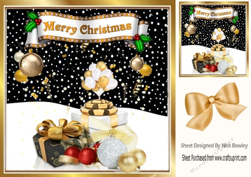 Night sky with snow baubles, bows, and presents 8x8