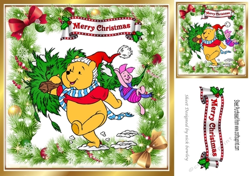 Pooh bear and piglet carrying a christmas tree in holly bow frame 8x8