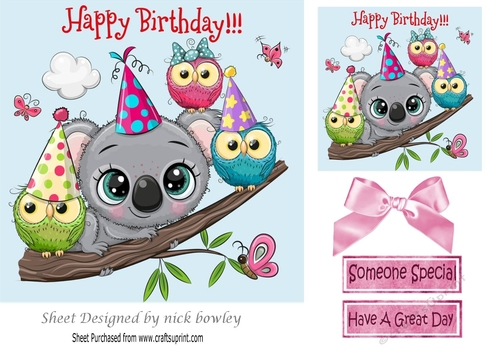 Cute koala bear on a branch with party owls 7x7
