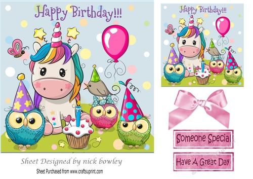 Cute unicorn celebrating birthday with owls 7x7