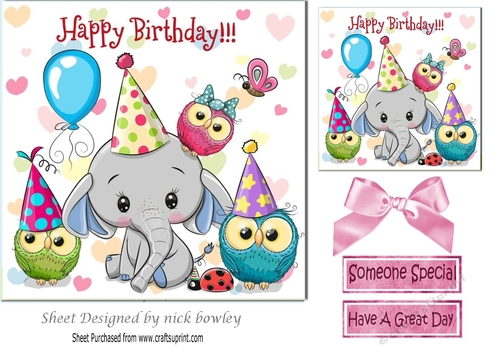 Cute ele celebrating a birthday with best friends owls 7x7