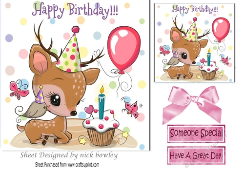 Cute little deer with  birthday cake and balloons 7x7