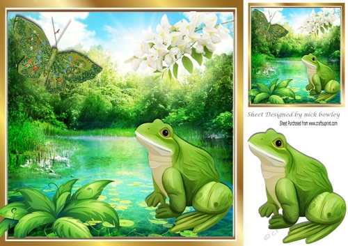 A lovely frog with lily pond and butterfly 8x8