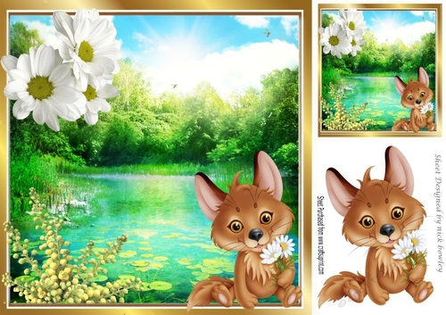 A lovely fox with lily pond and white daisies 8x8