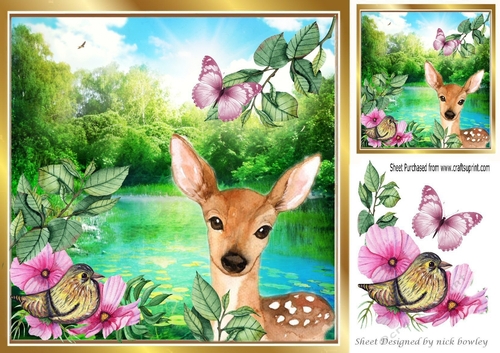 Cute deer with little bird by water lily pond/pink flowers  8x8