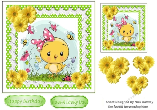 Little yellow chick in the gard with sunflowers 7x7