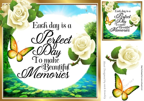Pretty lily pond card front with white roses/butterfly & verse 8x8