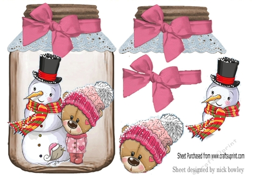 Jar with pink bows, and lovely snowman and bear