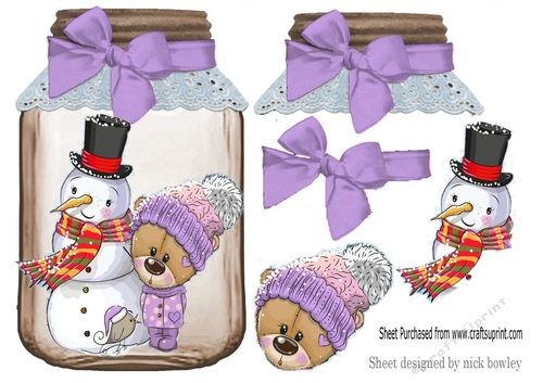 Jar with lilac bows, and lovely snowman and bear