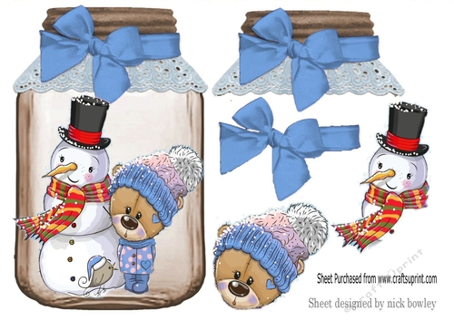 Jar with blue bows, and lovely snowman and bear