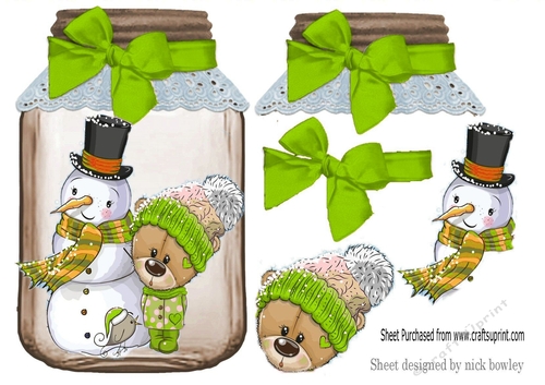 Jar with green bows, and lovely snowman and bear