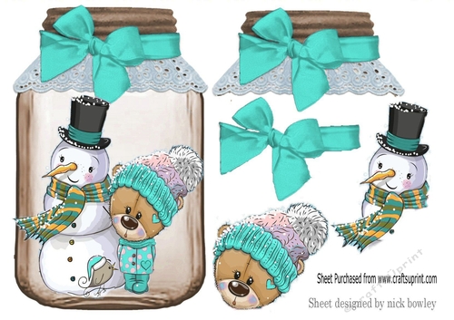 Jar with turq bows, and lovely snowman and bear