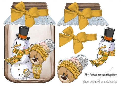 Jar with gold bows, and lovely snowman and bear