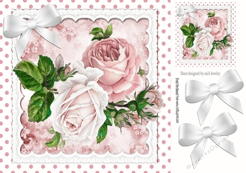 Pretty pink roses, lace & pink polkadots & marble 8x8