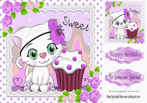 Cute white kitty in lace,  polkadot  8x8  with lilac roses
