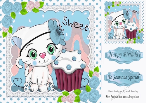 Cute white kitty in lace,  polkadot  8x8  with blue roses