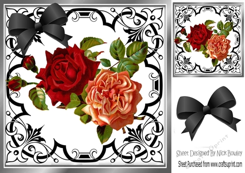 Pretty red/peach roses in ornate black scroll 8x8 frame