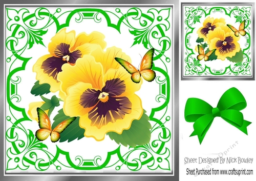 Pretty ornate green scroll 8x8 card front/insert frame with yellow pansies
