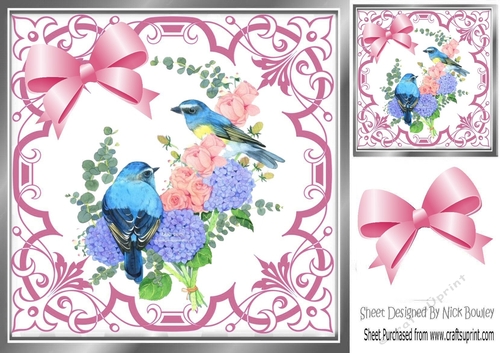 Pretty ornate pink scroll 8x8 card front/insert frame with pretty birds