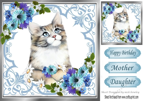 Pretty light blue  8x8 card front/insert frame with kitten & blue flowers