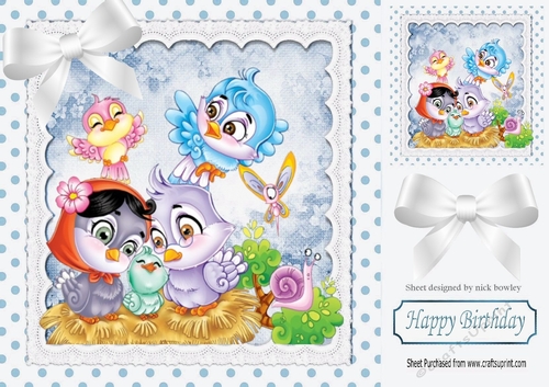 Cute family of little birds in polka dot 8x8 frame with white bow